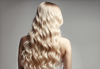 Naklejka premium long and wavy women's hair in blonde tones, back view, hair advertising shoot, isolated white background 