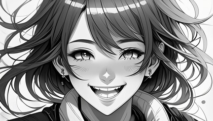 Black and White Manga Girl with big Smiling,