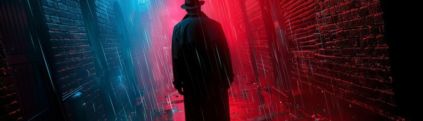 Naklejka premium Mysterious figure in a dark alley under rain, illuminated by red and blue neon lights, creating a cinematic atmosphere. Urban night scene.