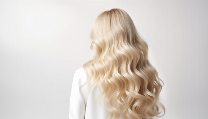 Naklejka premium long and wavy women's hair in blonde tones, back view, hair advertising shoot, isolated white background 