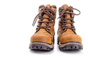 Pair of rugged, brown leather hiking boots isolated on a white background, perfect for adventure and outdoor activities.