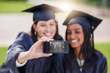 Graduation, women and friends with phone, selfie or smile together for university education....