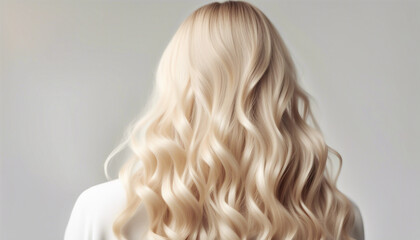 Fototapeta premium long and wavy women's hair in blonde tones, back view, hair advertising shoot, isolated white background 