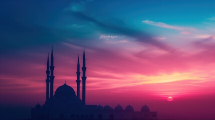 Sunset silhouette of a mosque with minarets in the misty distance, vibrant sky with warm hues and gradient background, serene evening scene