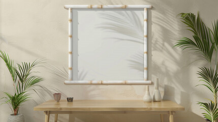 Tranquil meditation room with a white bamboo frame mockup under a polished light wood table,...