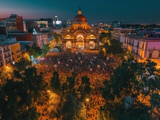 A large crowd gathers at night in front of an illuminated historic building, creating a vibrant...