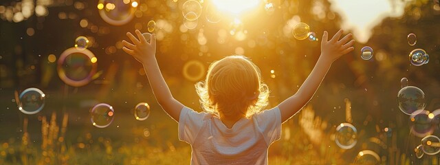 a child catches soap bubbles on the background of nature. Selective focus