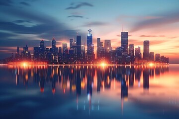 Stunning city skyline at dusk, brightly lit skyscrapers reflecting in calm water, creating a beautiful and serene urban landscape.