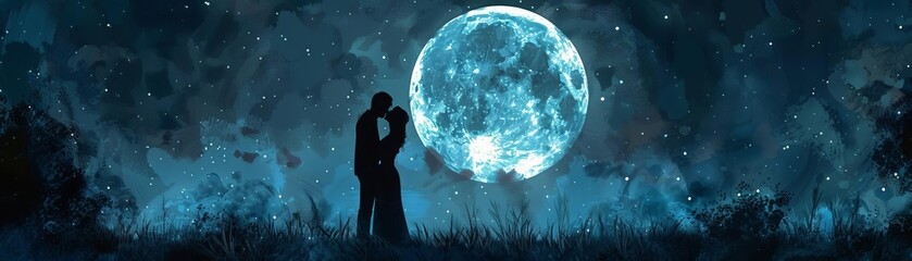 Silhouetted couple embracing under a full moon in a starry night sky, creating a magical and romantic atmosphere.