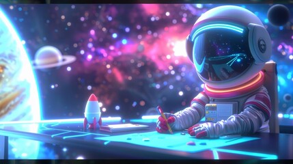 A playful 3D rendering of a cosmic office scene featuring a cartoonstyle astronaut working at a desk with rocketshaped stationery and a view of Saturn