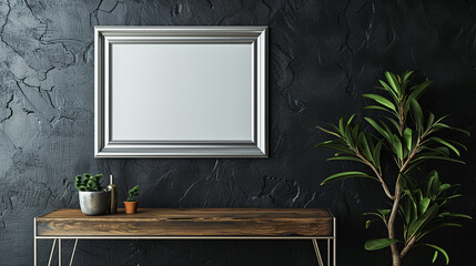 Trendy apartment with a silver frame mockup under a mid-century wooden table, matte black wall.