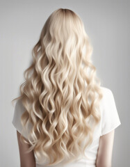 Naklejka premium long and wavy women's hair in blonde tones, back view, hair advertising shoot, isolated white background 