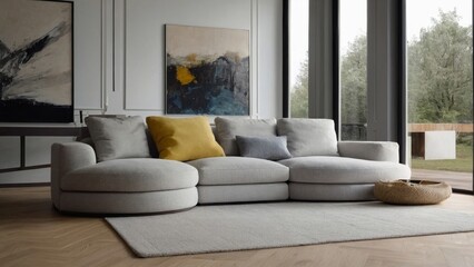 Obraz premium Bright living room interior with white wall and oak wooden floor