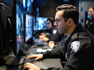 Dedicated police officers in cybercrime unit work together to identify and arrest online criminal suspects, ensuring internet security and protecting the public from online threats.