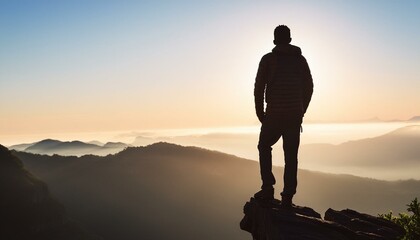 professional person, silhouette of a person on a rock, silhouette of person standing on top of the mountain, silhouette d'un homme seul au bord d'un précipice en haut d'une falaise