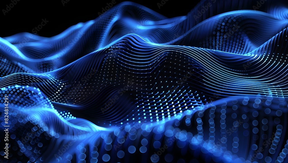 Poster abstract background with blue lines in the form of waves and swirls on a black background