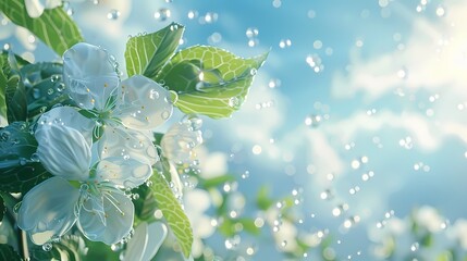 Plum blossom poster background with water drops after rain