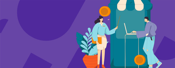 Holiday shopping people doing e-commerce online shopping flat vector concept operation hand drawn illustration
