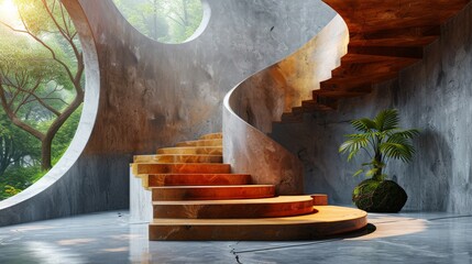 This elegant image captures a modern concrete spiral staircase with wooden steps surrounded by trees, creating a tranquil, architectural masterpiece