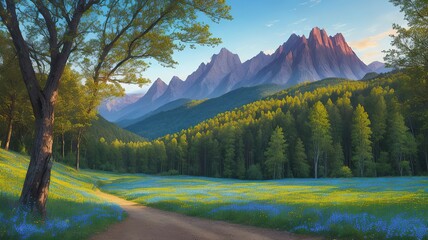 Summer landscape in mountain with green field,cloud and blue sky background.