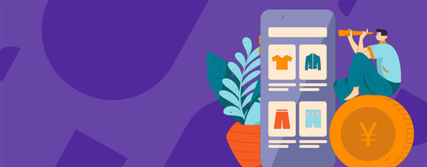 Obraz premium Holiday shopping people doing e-commerce online shopping flat vector concept operation hand drawn illustration 