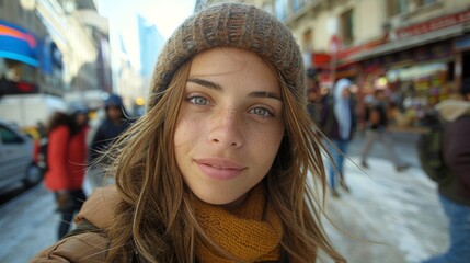 A young woman taking a selfie on a lively urban street with soft lighting