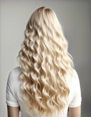 Naklejka premium long and wavy women's hair in blonde tones, back view, hair advertising shoot, isolated white background 