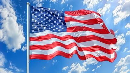 Obraz premium United states flag waving proudly on a beautiful and sunny day, symbol of patriotism and freedom