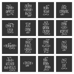 Fototapeta premium Cookery Kitchen Minimalist Poster Design Collection. Cafe Minimalistic Wall Art. Vector Hand Lettering of Phrases Bon Appetit, Enjoy Your Meal, Om Nom Nom, Love Cooking, Eat Drink Enjoy, Yummy.