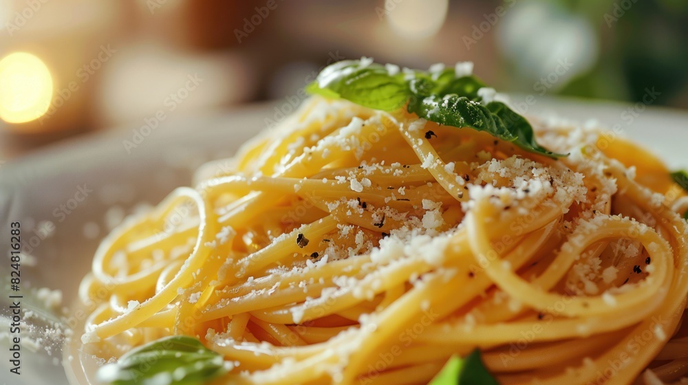 Wall mural Image of a gourmet pasta dish with fresh basil and parmesan in an upscale restaurant