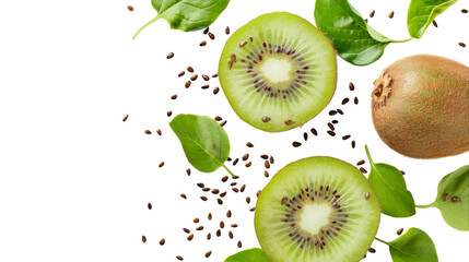 A kiwi fruit is sliced in half, revealing its vibrant green flesh, seeds, and attached leaves