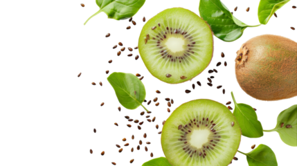 A kiwi fruit is sliced in half, revealing its vibrant green flesh, seeds, and attached leaves
