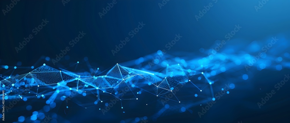 Poster abstract blue background with low poly lines and dots, hitech concept of digital network connection 
