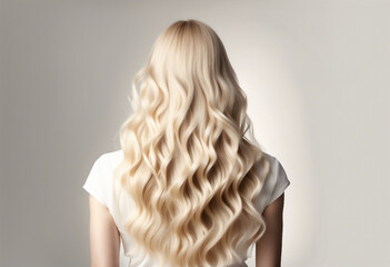 Fototapeta premium long and wavy women's hair in blonde tones, back view, hair advertising shoot, isolated white background 