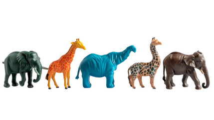 A collection of toy animals are lined up next to each other, showcasing a variety of species and sizes