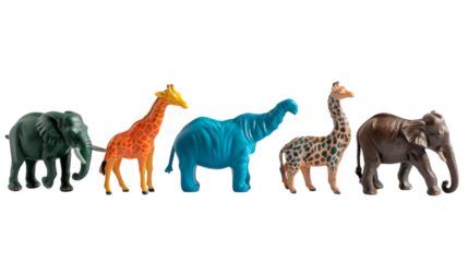 A collection of toy animals are lined up next to each other, showcasing a variety of species and sizes