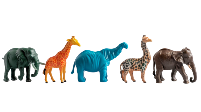 A collection of toy animals are lined up next to each other, showcasing a variety of species and sizes