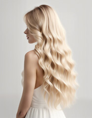 Fototapeta premium long and wavy women's hair in blonde tones, back view, hair advertising shoot, isolated white background 
