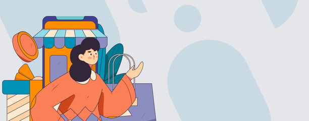 Holiday shopping people doing e-commerce online shopping flat vector concept operation hand drawn illustration
