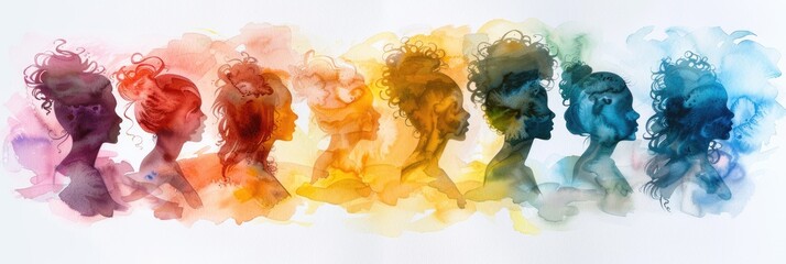 Colorful watercolor painting of diverse women's faces