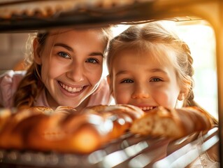 A joyful mother and daughter are seen smiling and gazing through the oven door, eagerly observing the bread they are baking together, creating a heartwarming family moment.