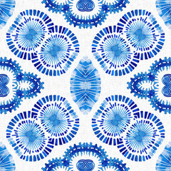 Indigo blue tie-dye handmade textile seamless pattern. Asian style abstract blotched dyed effect print.