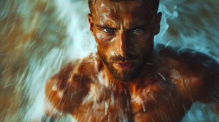 The image shows a man's torso in water with a blurred face, creating an air of mystery and intrigue