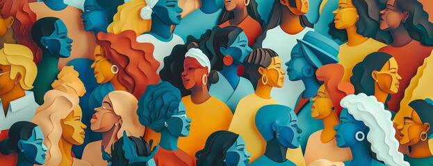A diverse group of women of all ages and ethnicities are depicted in a colorful and abstract illustration
