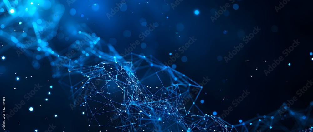 Poster abstract blue background with a digital polygonal mesh, connection lines and dots network on a dark 