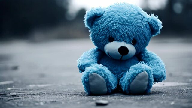 Blue sad bear on the rainy street