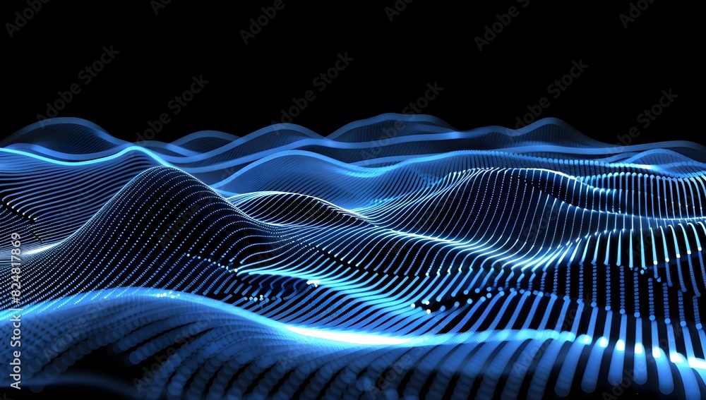 Poster abstract blue lines and waves on a black background, a 3d rendered illustration of a digital abstrac