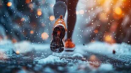 A dynamic image of a running shoe stepping on snow, highlighted by warm bokeh lights, invoking determination