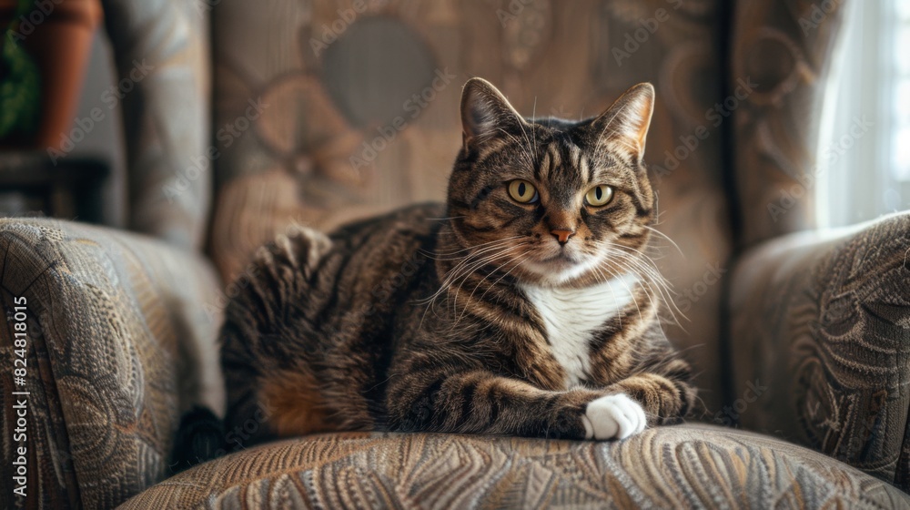 Aufkleber A fat cat perched on a plush armchair, looking directly at the camera with an inquisitive expression.