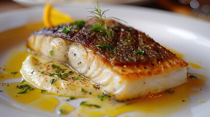 Image of a seared sea bass steak with crispy skin, accompanied by a citrus beurre blanc sauce